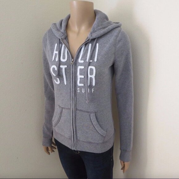Hollister Womens Logo Fleece Jacket Size XS Hoodie Gray Surf - Picture 2 of 5